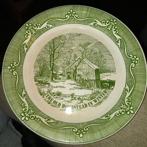 The Old Homestead In Winter Green Pie Plate Currier & Ives 10" #224